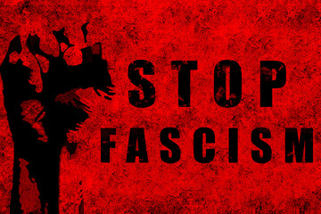 Stop fascism. Red fist raised with a powerful anti-fascist message. Red design asking for freedom of expression, justice and stop fascism.