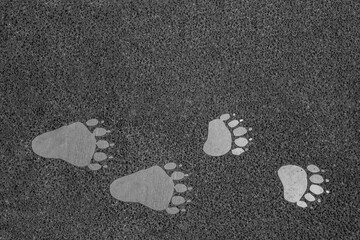 Silberne, große und kleine Pfotenabdrücke auf Asphalt Strasse
