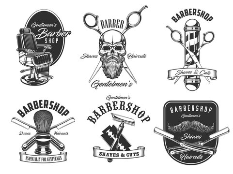 Barbershop, shaves and haircut salon icons. Vector barbershop pole, hipster skull with beard and mustaches, straight razor, hairdresser chair, scissors and shaving brush. Monochrome icons and symbols