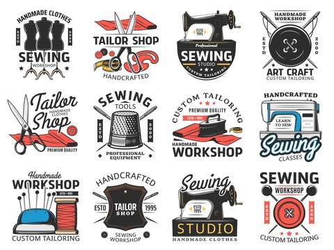 Tailor shop, sewing studio and workshop retro icons. Custom tailoring workshop, sewing classes and equipment shop emblem. Scissors, needles and thimble, pins, button and dress form, coal iron vector