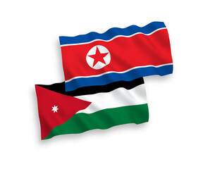National vector fabric wave flags of North Korea and Hashemite Kingdom of Jordan isolated on white background. 1 to 2 proportion.
