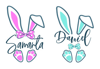 Easter bunny name plate design. Boy and girl frame vector design. Easter bunny split cut file. First Easter for baby. Clipart for personal invitations. 