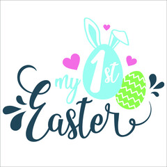 My first Easter modern vector calligraphy. Hand drawn Easter quote for baby with bunny ears. Vector illustration greeting card templates