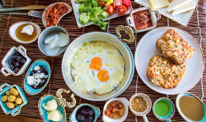 Traditional Delicious Turkish breakfast. Travel concept photo.