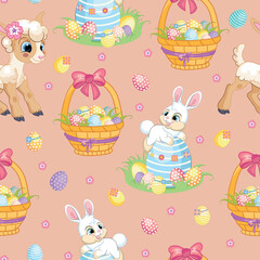 Seamless vector pattern white bunny, lamb and easter egg