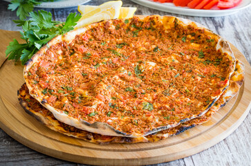 Traditional delicious Turkish foods; Turkish pizza; Lahmacun