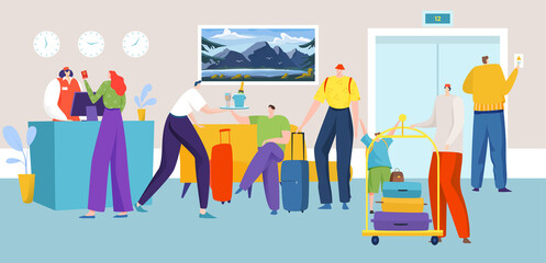 People in hotel reception, computer desk, administrator registers visiting travelers design cartoon style vector illustration. Family is accommodated in hotel, woman submits written documents.