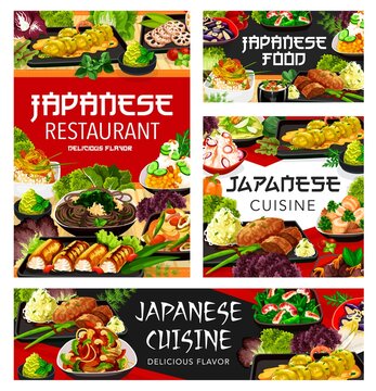 Japanese cuisine menu food and restaurant dishes, Japan traditional meals, vector. Japanese udon noodles and gourmet cuisine food seafood shrimps, lotus root, seaweed, wasabi and Hokkaido salad
