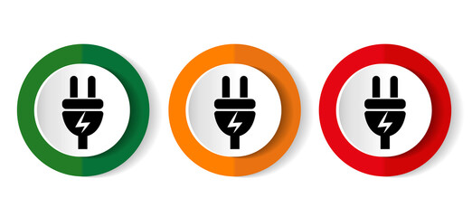 Eletricity icon set, energy, power, plug flat design vector illustration in 3 colors options for webdesign and mobile applications