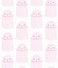 Cute jellyfish in the sea seamless pattern, pink on white background. Hand drawn vector illustration. Scandinavian style flat design. Concept for kids nautical fashion print, textile, wallpaper