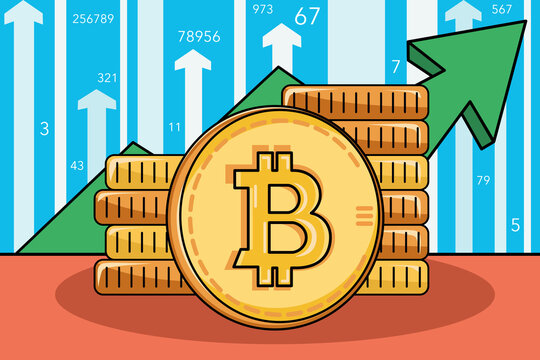 Modern trend illustration of bitcoin and cryptocurrency growth. A bullish wave market in the cryptocurrency market. The rise in the price of bitcoin picture.  Good news about Bitcoin. Green arrow.