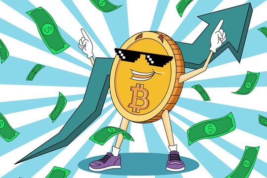 Bitcoin price rising. Big green bullish arrow. Thug life meme rising cartoon crypto bitcoin. Dollars around bitcoin. Good news about Bitcoin market growth.