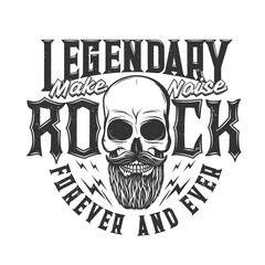 Tshirt print with bearded skull, vector mascot for music band apparel design. T shirt print for hard rock club with typography forever and ever. Mustached cranium, emblem for heavy metal festival