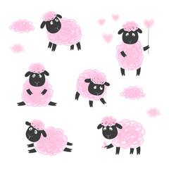 Cute sheep vector illustration. Set of cartoon lambs.