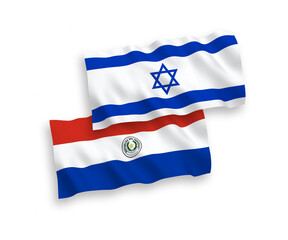 National vector fabric wave flags of Paraguay and Israel isolated on white background. 1 to 2 proportion.