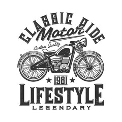 Tshirt print with custom bike, retro off road motorcycle, apparel vector design. T shirt monochrome print with typography legendary lifestyle, isolated black grunge emblem or label on white background