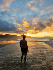 Silhouette of a man in Cofete beach, Fuerteventura, Canary island, Spain.