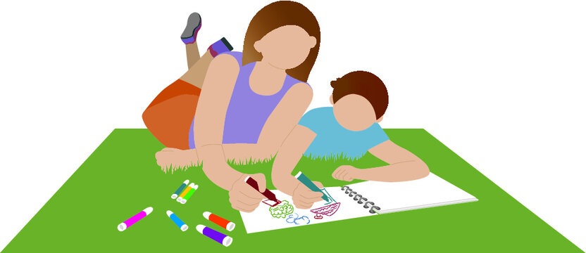 Woman and child drawing - illustration