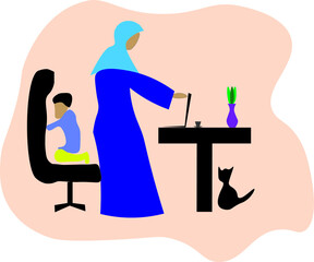 Vector illustration of Muslim woman and kid working from home