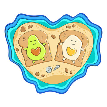 Avocado and egg on bread toast lie on a heart shaped island. Vector illustration isolated on white background.