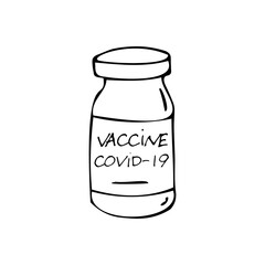 Covid-19 corona virusvaccination with vaccine bottle. Doodle vector illustration, simple cartoon line art.