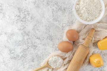 Set of kitchen utensils with products on white background. Cooking master classes. Copy space.