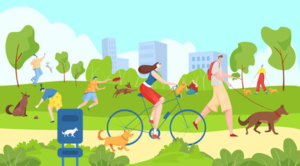 Obraz na płótnie Canvas People walk with pets in city park, happy summer outdoors, useful leisure, healthy lifestyle, cartoon style vector illustration. Men and women playing with animals on green lawn, dog walking area,