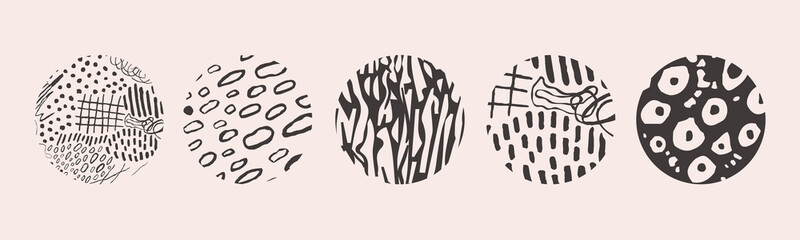 Hand drawn set with round isolated abstract black patterns or backgrounds