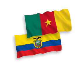 National vector fabric wave flags of Cameroon and Ecuador isolated on white background. 1 to 2 proportion.
