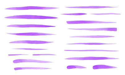 Set of lilac, purple, violet watercolor brush strokes, uneven lines, stripes, underlines, doodle streaks, fusiform smears. Hand drawn watercolour design elements, templates, text backgrounds.