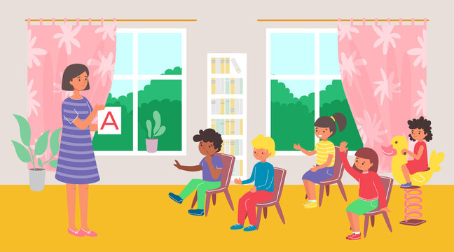 Teacher with children at lesson in kindergarten, girl playing at school, child in class, design cartoon style vector illustration. Preschool education, people in room, plate letters, woman pedagogue.