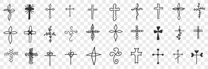 Crosses of various shapes doodle set. Collection of hand drawn religious and decorative cross of different souls and forms isolated on transparent background