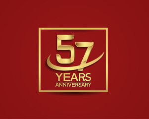 57 years anniversary with square and swoosh golden color isolated on red background can be use for special celebration moment