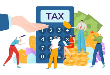 Time to pay taxes, financial concept, money accounting, business and finance, legal income, cartoon style vector illustration. Investments, debt payments, profit to budget, credit in foreign currency.