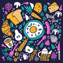 colorful food isolated on dark background doodle style drawing
