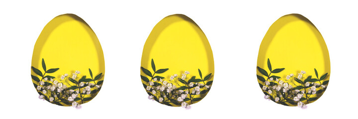 Isolated design for Easter and other holidays. Cutted frame of paper and natural flowers and plants. Design for your holiday and spring projects. Paper art. Banner