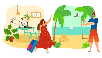 Girl goes from work to rest summer vacation concept, travel tour, happy trip, man on beach, cartoon style vector illustration. Beautiful woman designer comes out with suitcase from office, seashore.