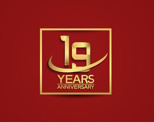19 years anniversary with square and swoosh golden color isolated on red background can be use for special celebration moment