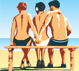 Relationship: love, friendship and treason, betrayal concept. Two girls and a guy in the summer by the sea