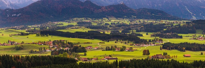 panoramic landscape with mountain range in Bavaria at springtime