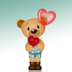 illustration of bear with chocolates and heart shape balloon