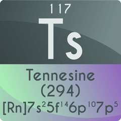 Ts Tennessine  Chemical Element Periodic Table. Square vector illustration, colorful clean style Icon with molar mass, electron config. and atomic number for Lab, science or chemistry education.
