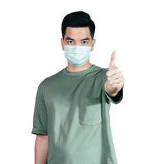 Portrait handsome young asian man wearing a Green shirt showing thumbs up sign isolated on white background. Asian man people. business success concept.