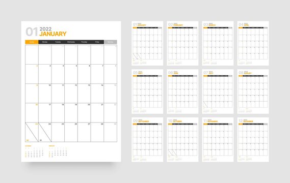 Monthly calendar template for 2022 year. Week Starts on Sunday. Wall calendar in a minimalist style.