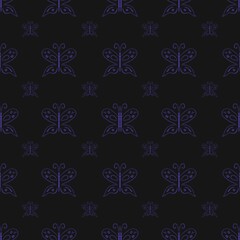 Seamless pattern with childish hand-drawn butterflies in dark colors.