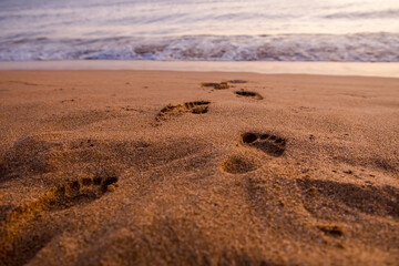 Footprints on the beach, going into the water. A moment of rest and peace with the ocean and the sunset. Concept of relaxing, loneliness, and escape into nature.