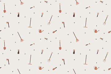 Gardening tools seamless pattern. Repetitive vector illustration of various garden tools. 
