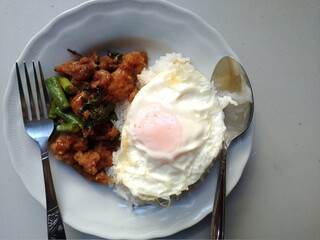 Stir fried crispy chicken red curry and fried egg with rice.