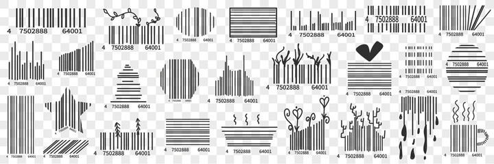 Barcodes on packs doodle set. Collection of hand drawn various barcode with numbers for scanning or showing origin of goods for customer isolated on transparent background