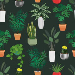 Hand drawn seamless pattern of different green plants in pots. Home greenery decor, cozy plant, botanical leaves. Spring floral set illustration for design card, invitation, wallpaper, wrapping paper